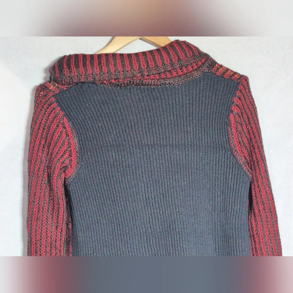 DKNY Cotton Acrylic Sz L Red and Black Striped Cowl Neck Sweater